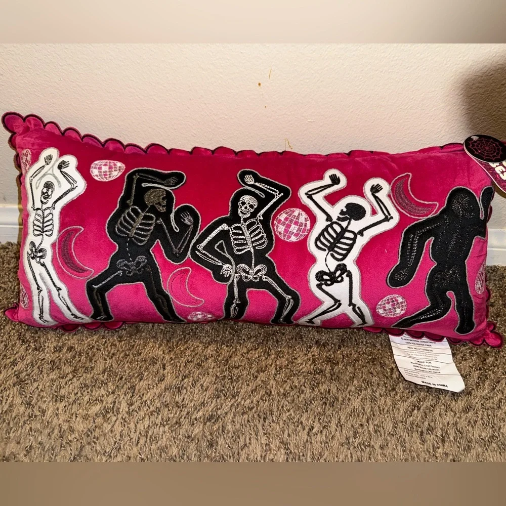 Disco Dancing Skeletons Embroidered Velvet Decorative Scallop Edge Pillow NWT